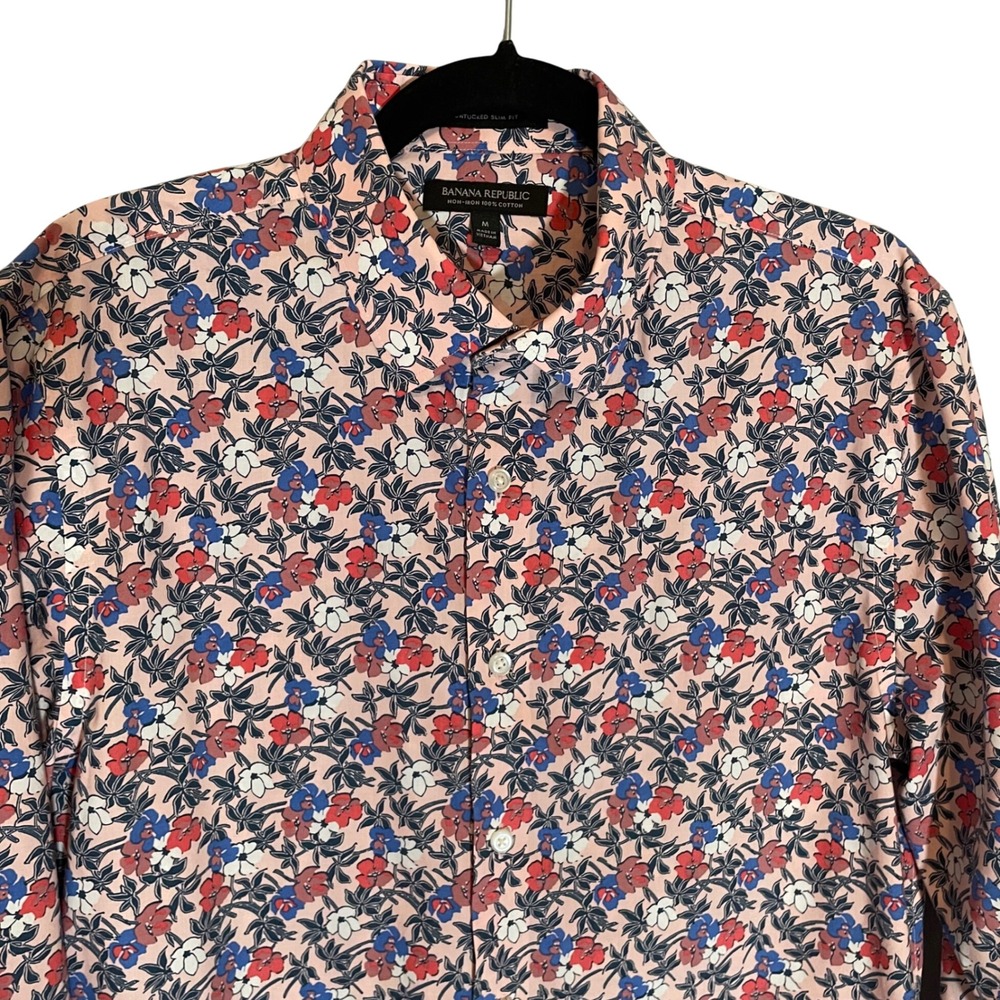 Banana Republic Mens 100% Cotton Pink Floral Non-Iron Untucked Slim Fit Shirt M - Picture 3 of 8